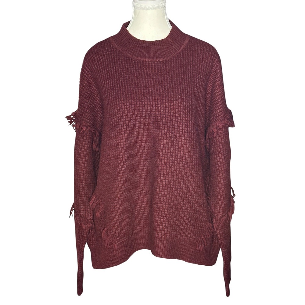 Michael Kors Womens XL Burgundy Waffle Knit Fringe Mock Neck Sweater